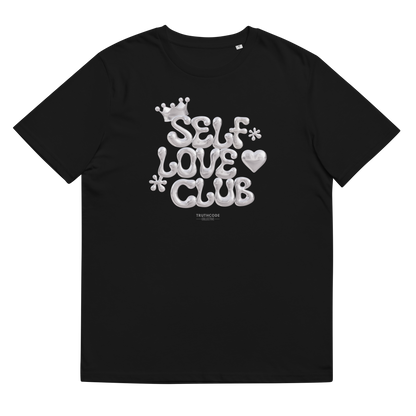 Black organic t-shirt with 'Self Love Club' text design on a white background
