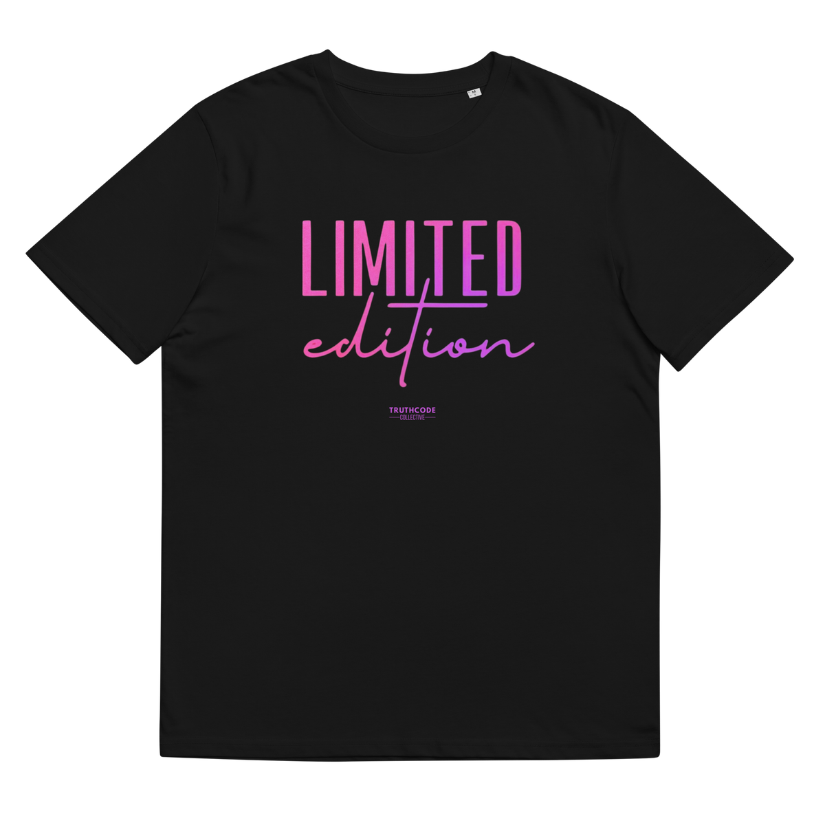 Black organic t-shirt with 'LIMITED edition' text design, on a white background