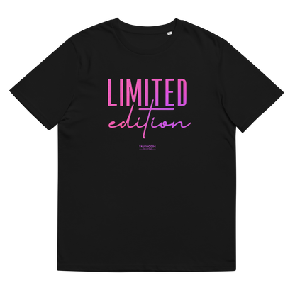 Black organic t-shirt with 'LIMITED edition' text design, on a white background