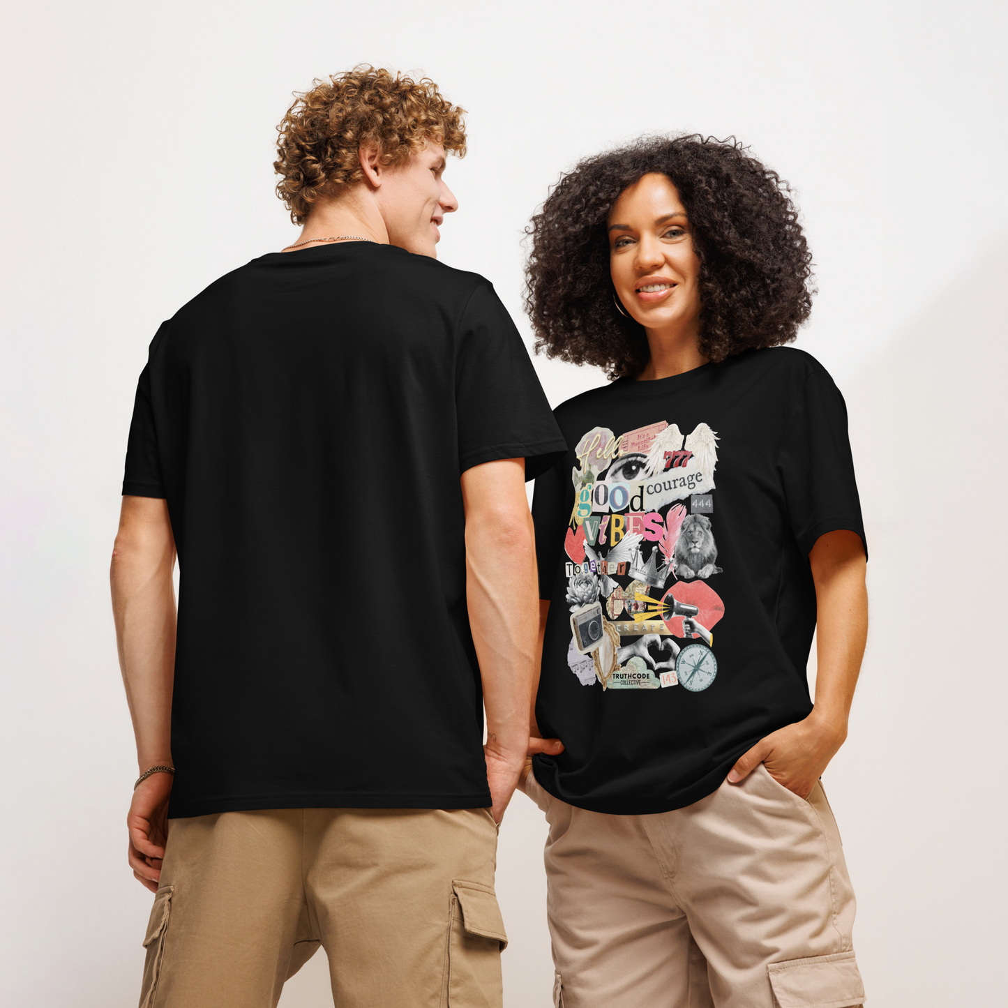 Models wearing black organic t-shirt with colorful collage graphic designs like a mood board on a white background