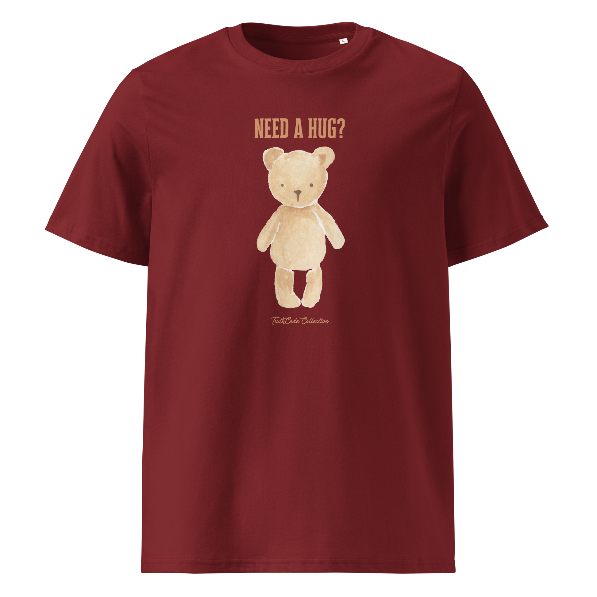 Burgundy organic t-shirt with a teddy bear graphic and text 'NEED A HUG?' on a white background