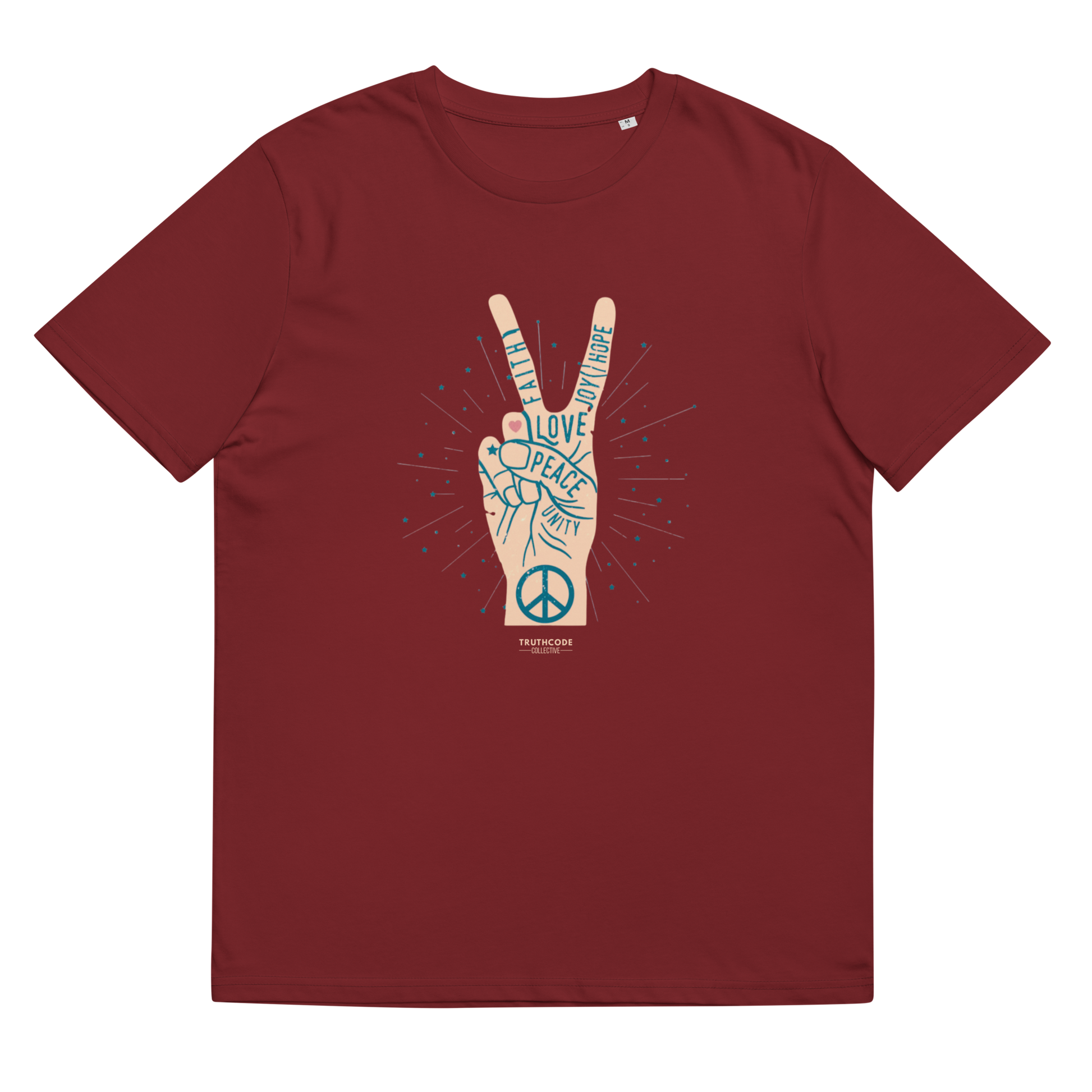 Burgundy organic t-shirt with a peace sign design and text throughout the hand 'Faith, joy, hope, love, peace, unity', shirt on a white background