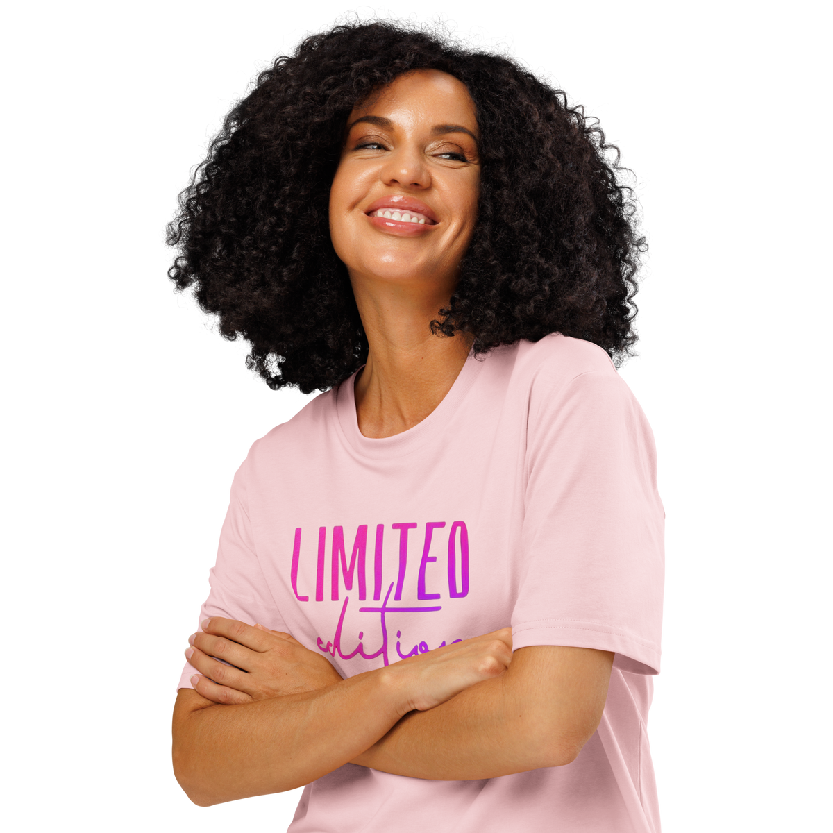 Woman wearing pink organic t-shirt with 'LIMITED edition' text design, on a white background