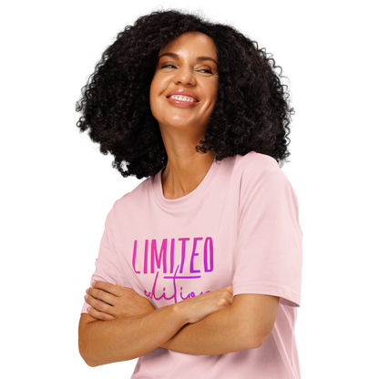 Woman wearing pink organic t-shirt with 'LIMITED edition' text design, on a white background