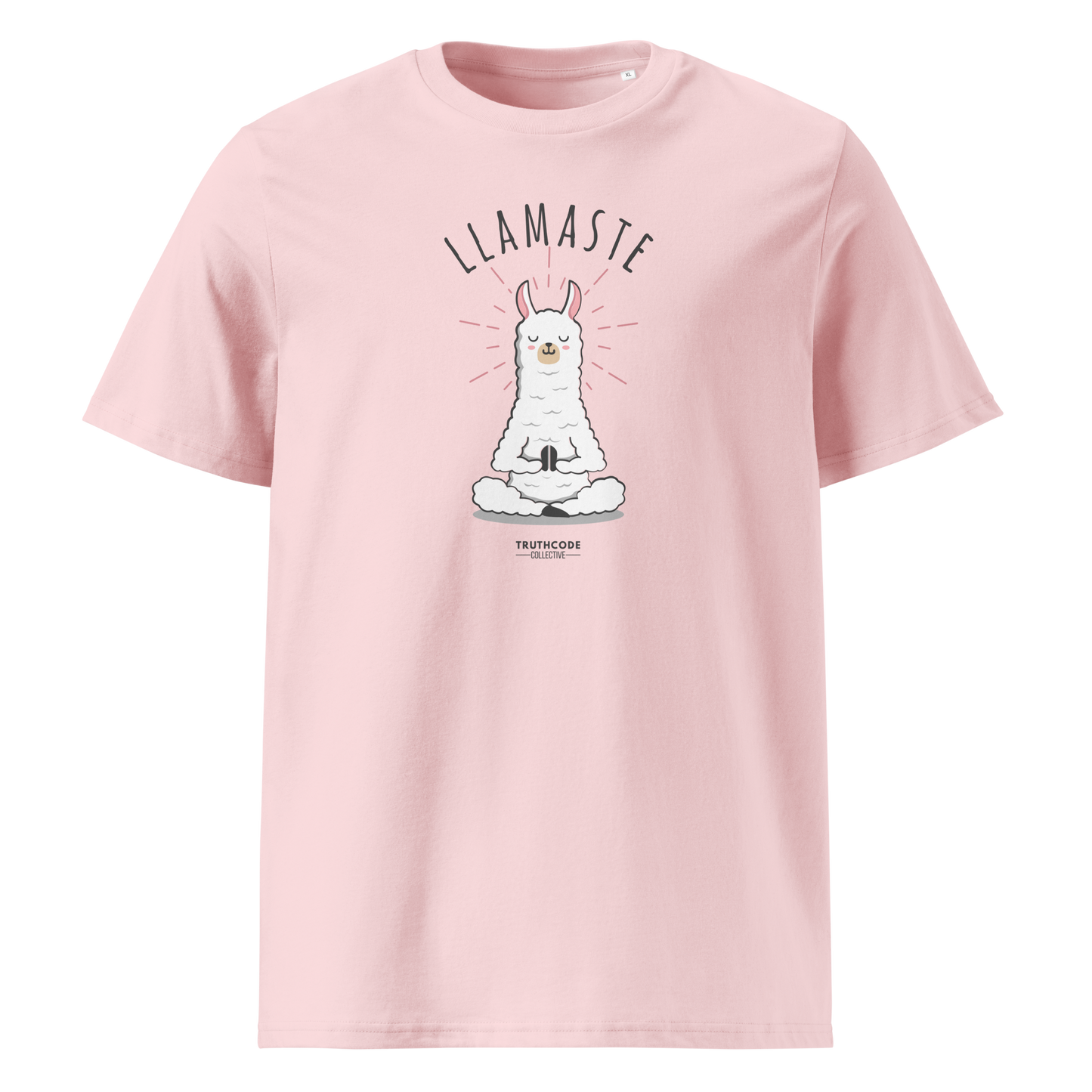 Pink organic t-shirt with a llama graphic in meditative pose and 'LLAMASTE' text on a white background