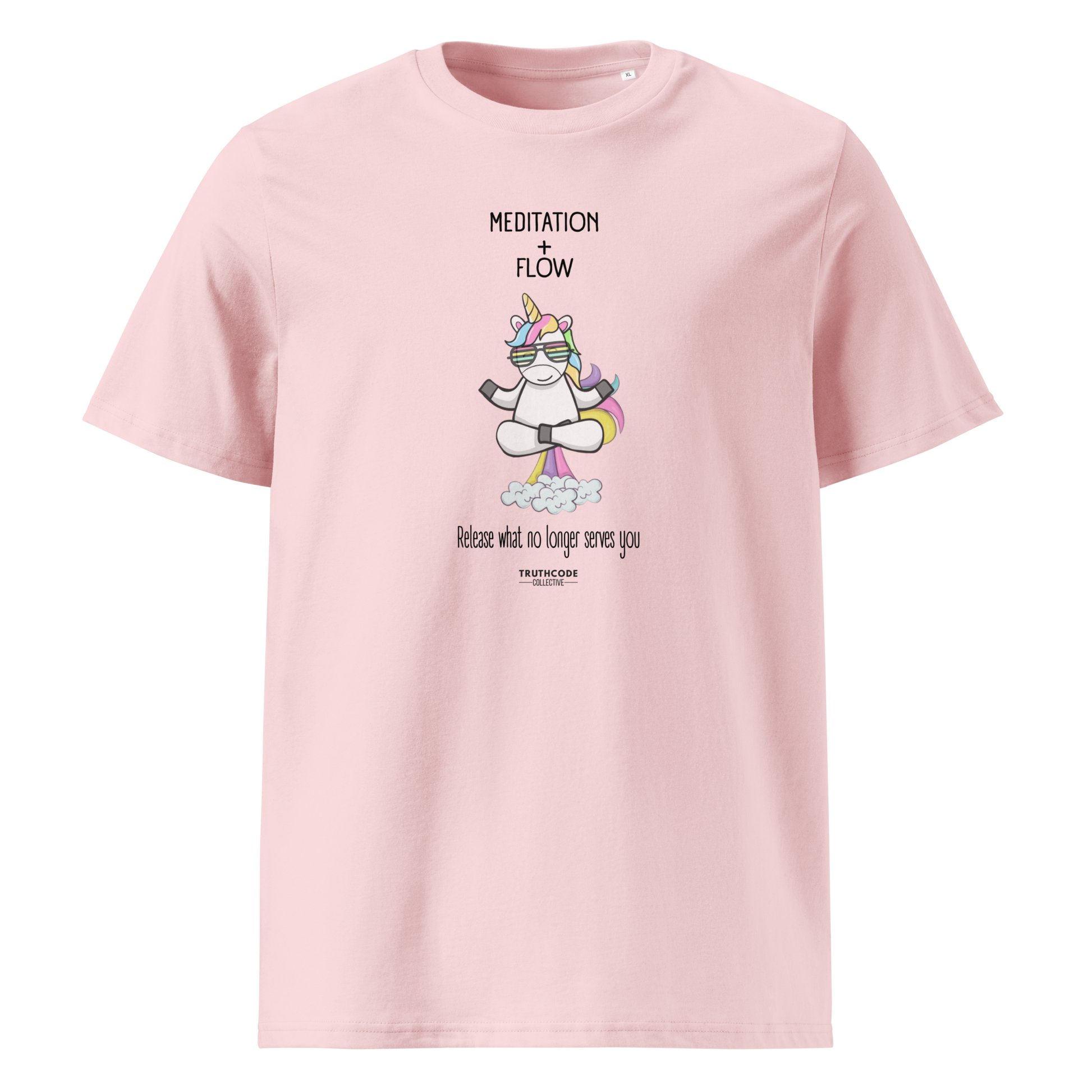 Pink organic t-shirt with a humorous farting unicorn graphic and text reading 'Meditation + Flow, release what no longer serves you' on a white background