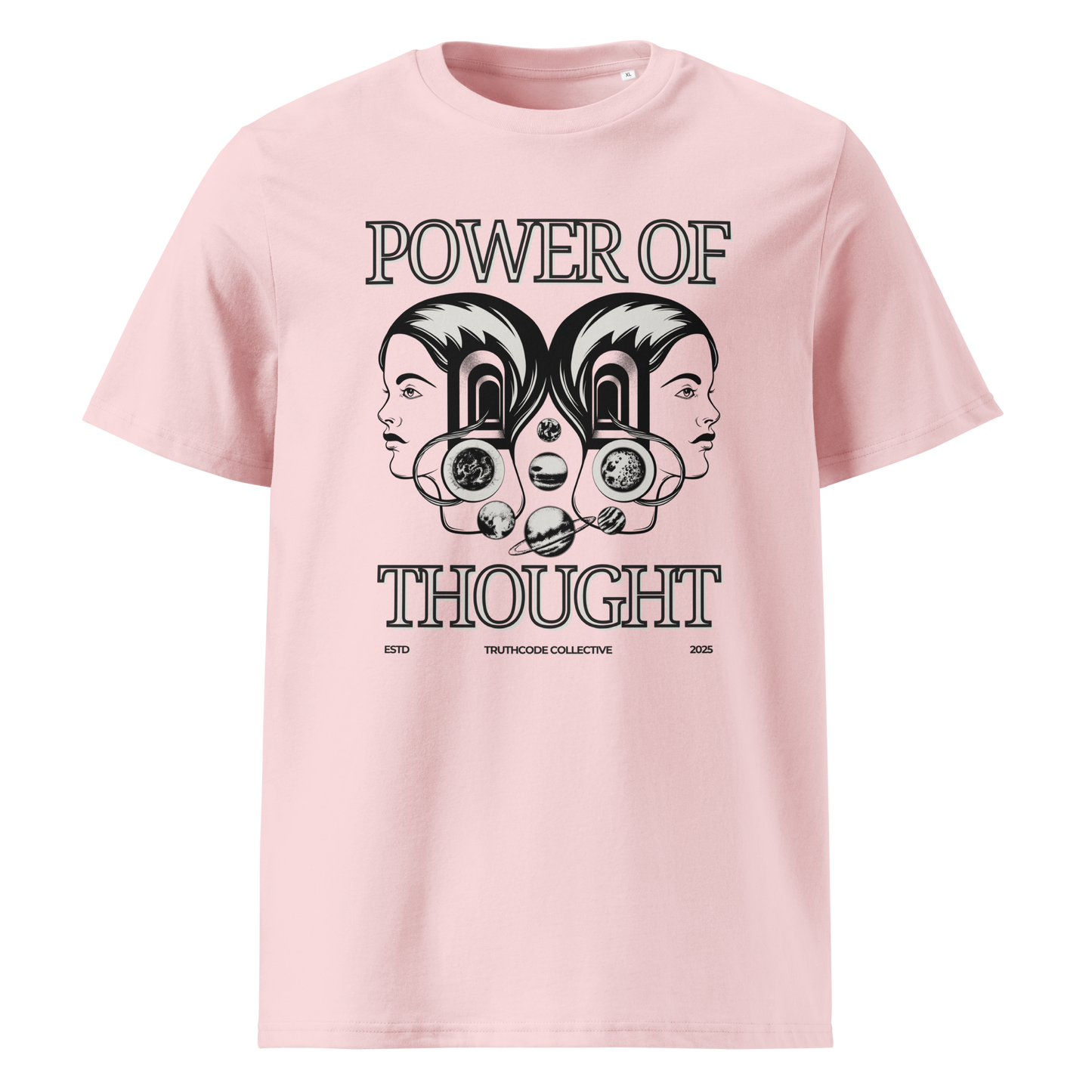 Pink organic t-shirt with 'Power of Thought' text and design of graphics of the universe coming from 2 heads on a white background
