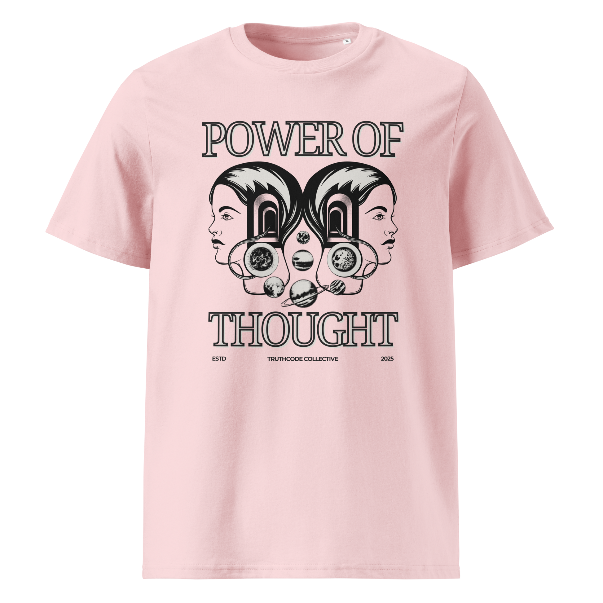 Pink organic t-shirt with 'Power of Thought' text and design of graphics of the universe coming from 2 heads on a white background