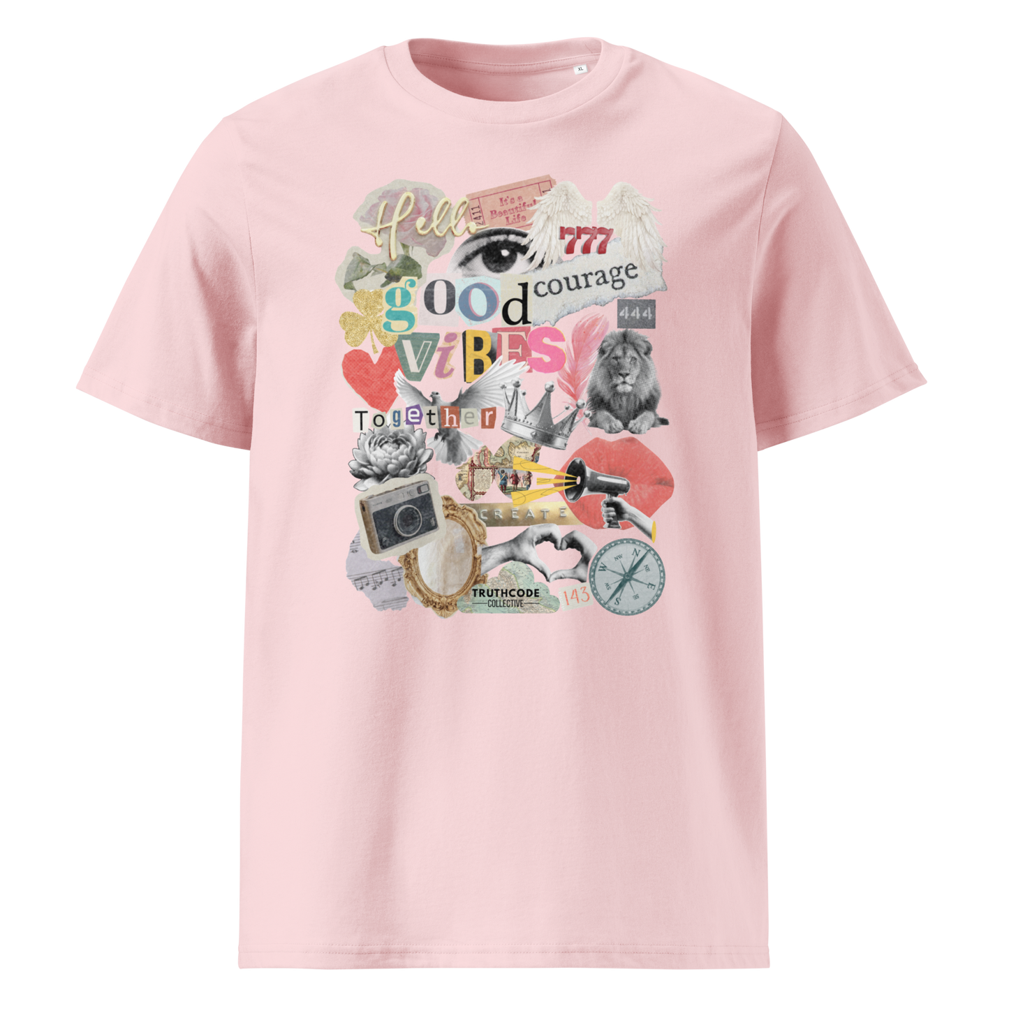 Pink organic t-shirt with colorful collage graphic designs like a mood board on a white background