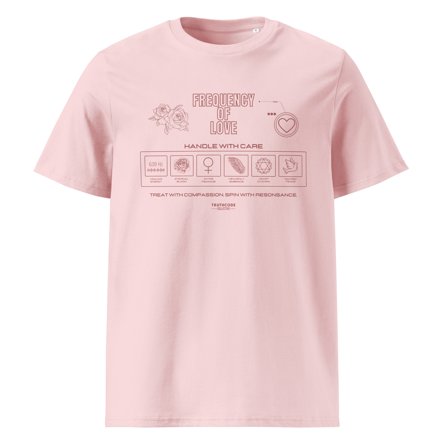 Pink organic t-shirt with text 'Frequency of love' with symbols and graphics relating to it on a white background