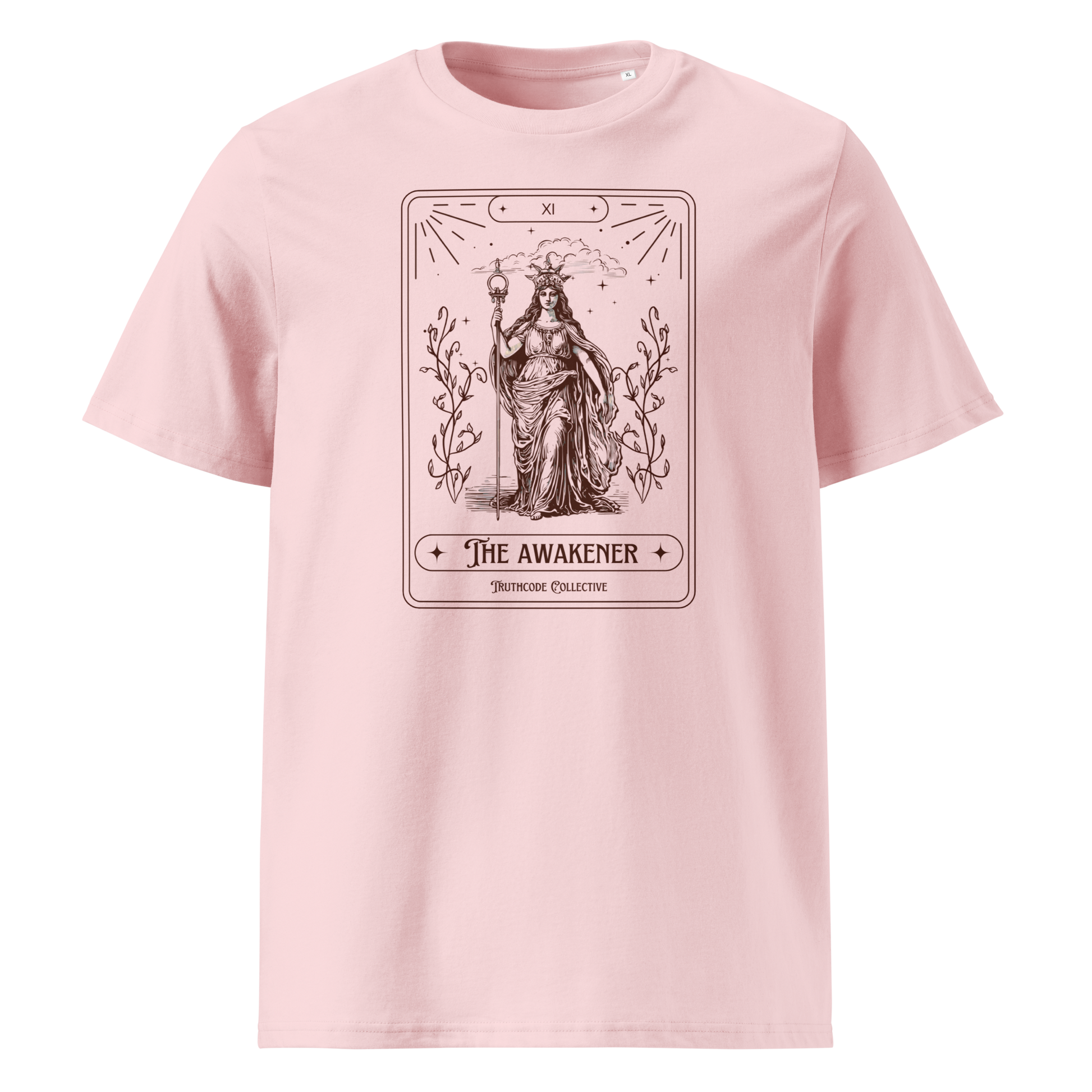 Pink organic t-shirt with 'The Awakener' tarot card design on a white background