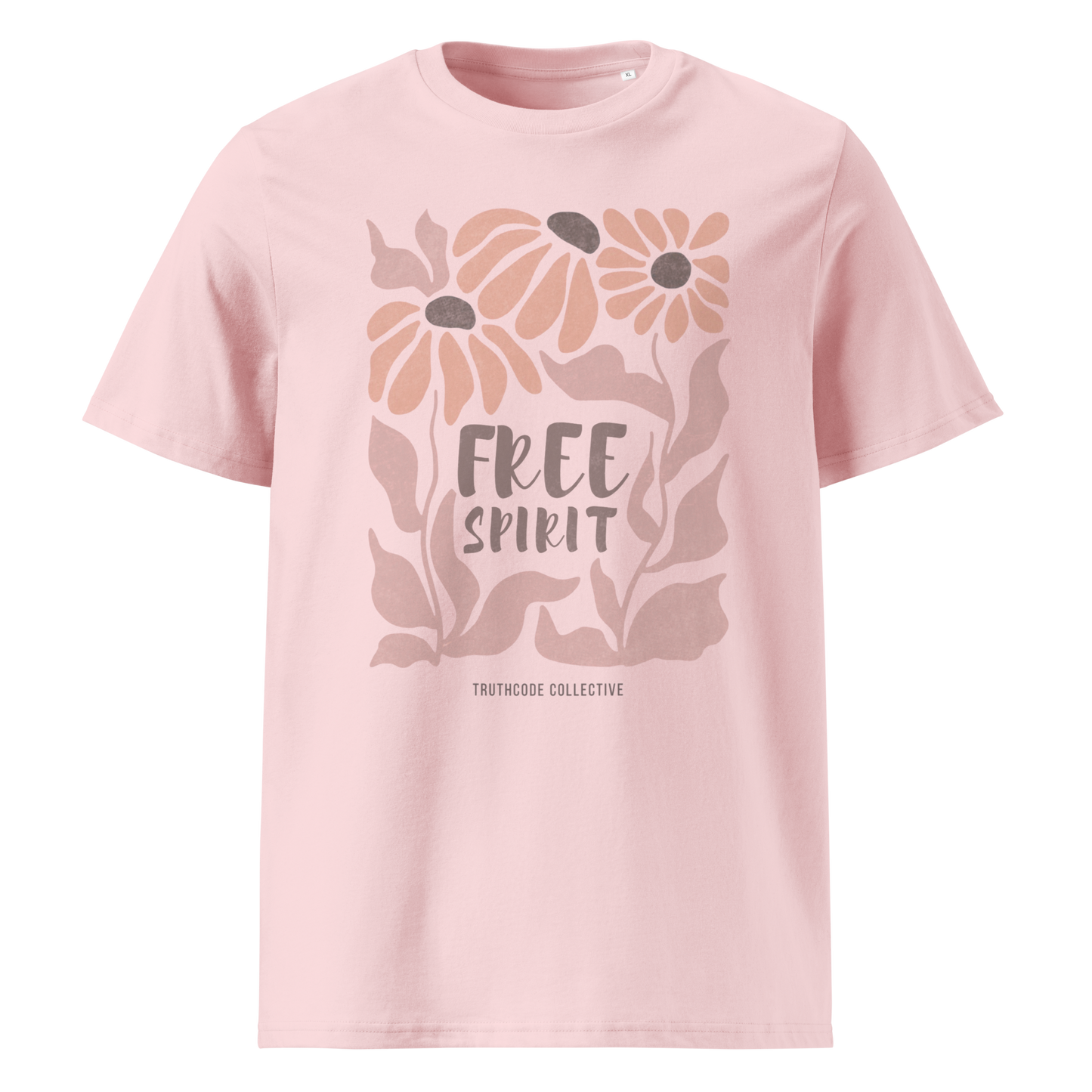 Pink organic t-shirt with pink floral design and 'Free Spirit' text on a white background
