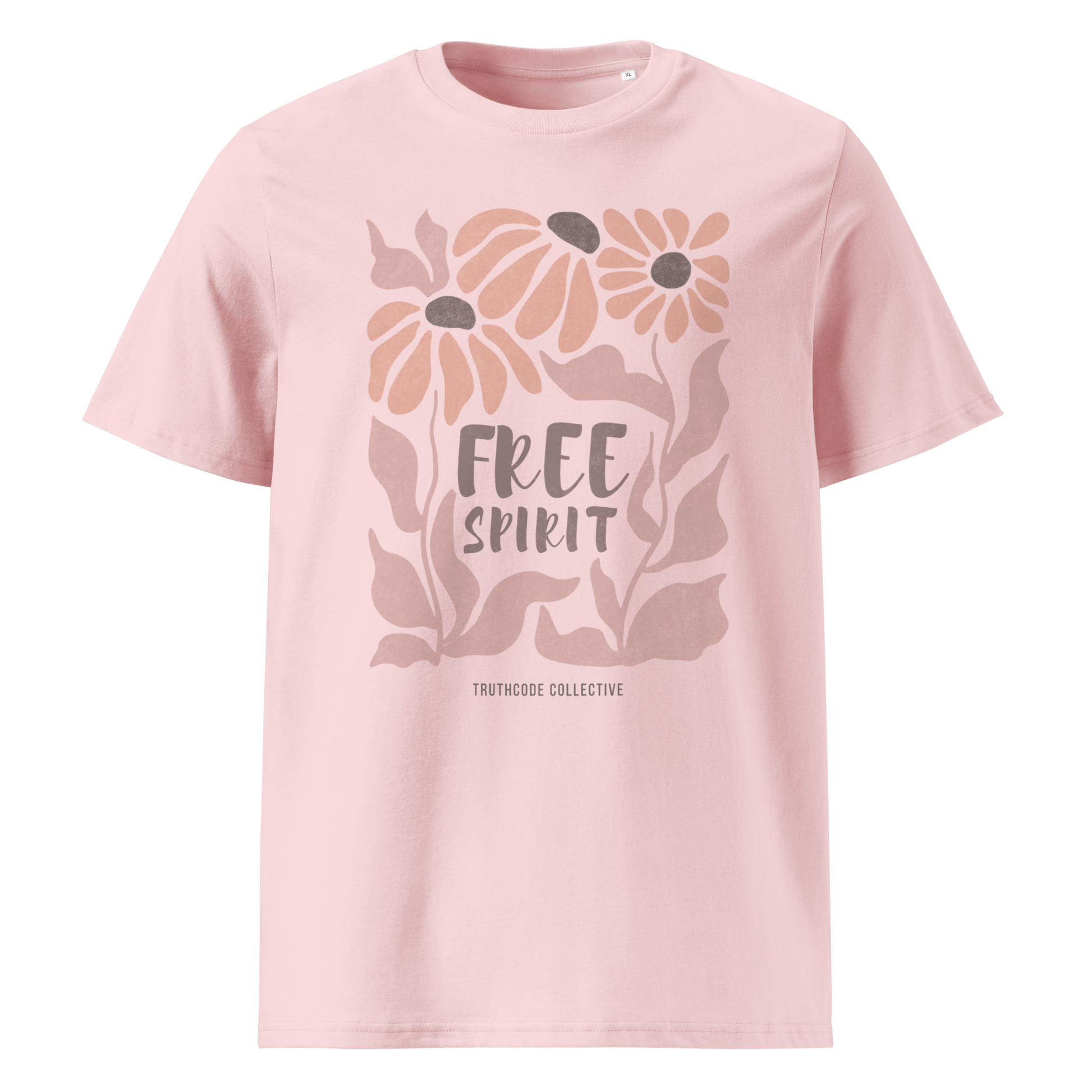 Pink organic t-shirt with pink floral design and 'Free Spirit' text on a white background