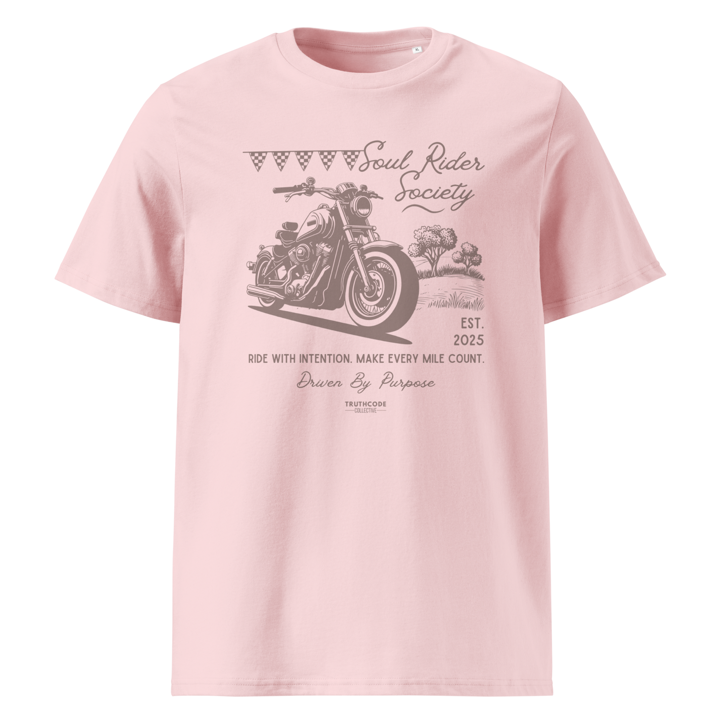 Pink organic t-shirt with motorcycle graphic and text 'Soul rider society, ride with intention, make every mile count' on a white background