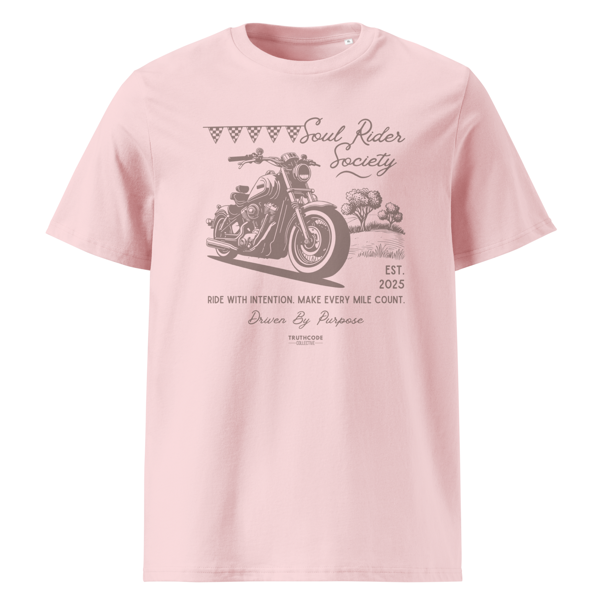 Pink organic t-shirt with motorcycle graphic and text 'Soul rider society, ride with intention, make every mile count' on a white background