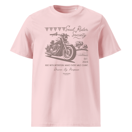 Pink organic t-shirt with motorcycle graphic and text 'Soul rider society, ride with intention, make every mile count' on a white background
