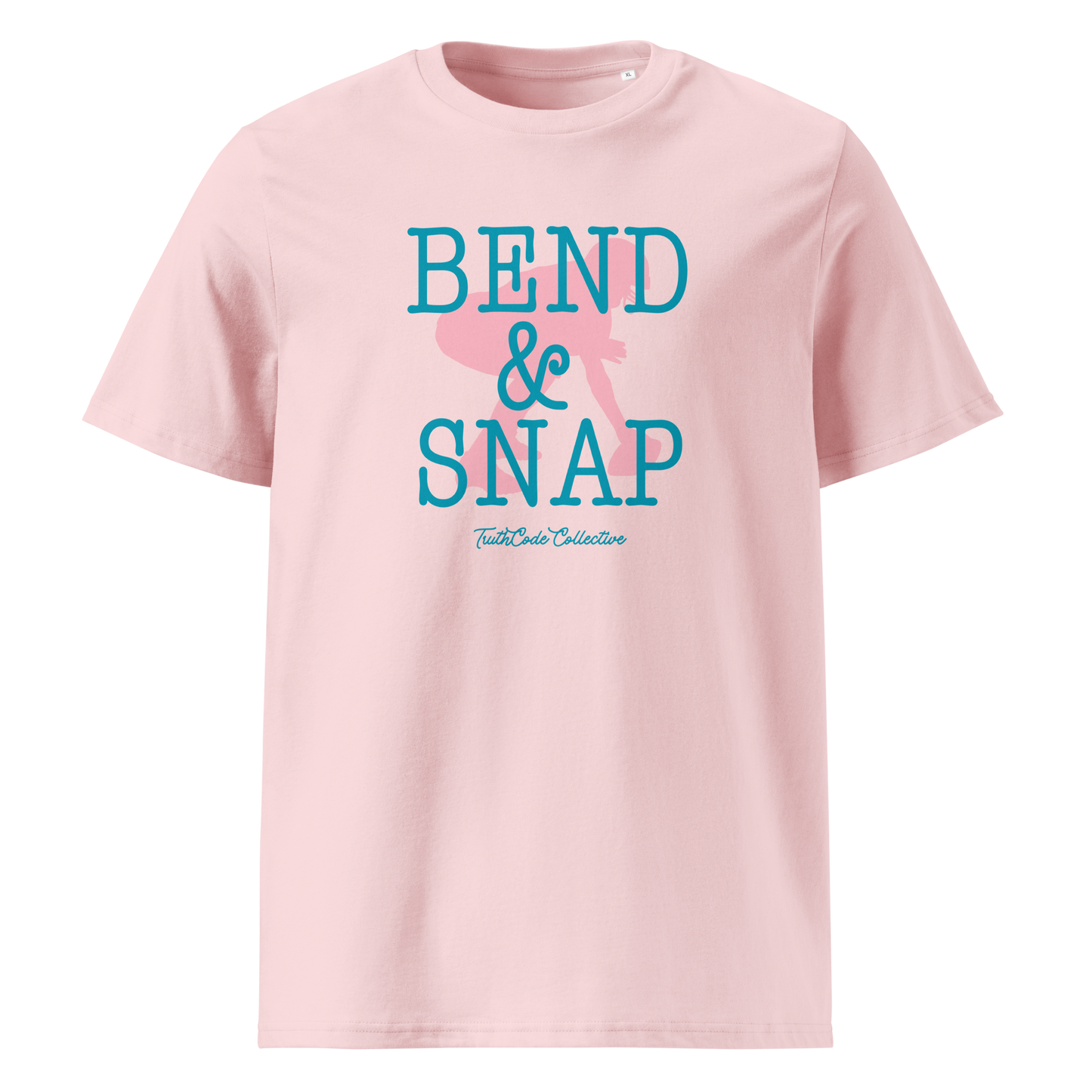 Pink organic t-shirt with 'Bend & Snap' text and football player snapping football silhouette graphic on a white background