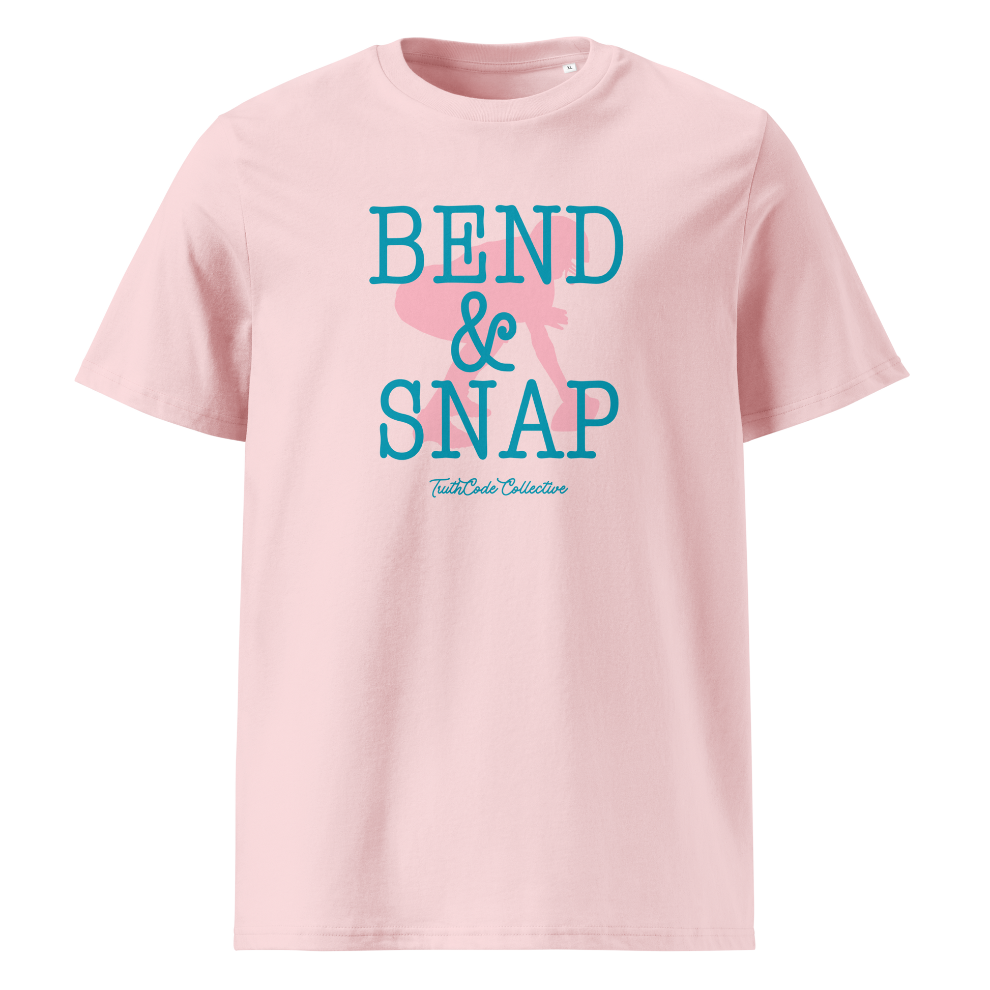 Pink organic t-shirt with 'Bend & Snap' text and football player snapping football silhouette graphic on a white background