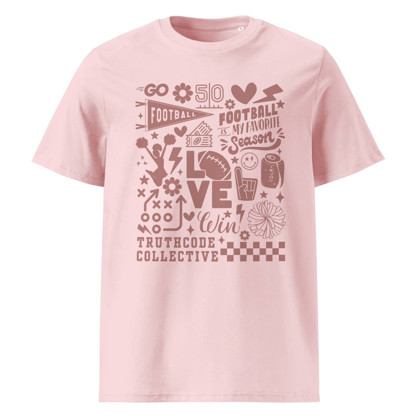 Pink organic t- shirt with football themed graphics and text 'Football is my favorite season' on a white background