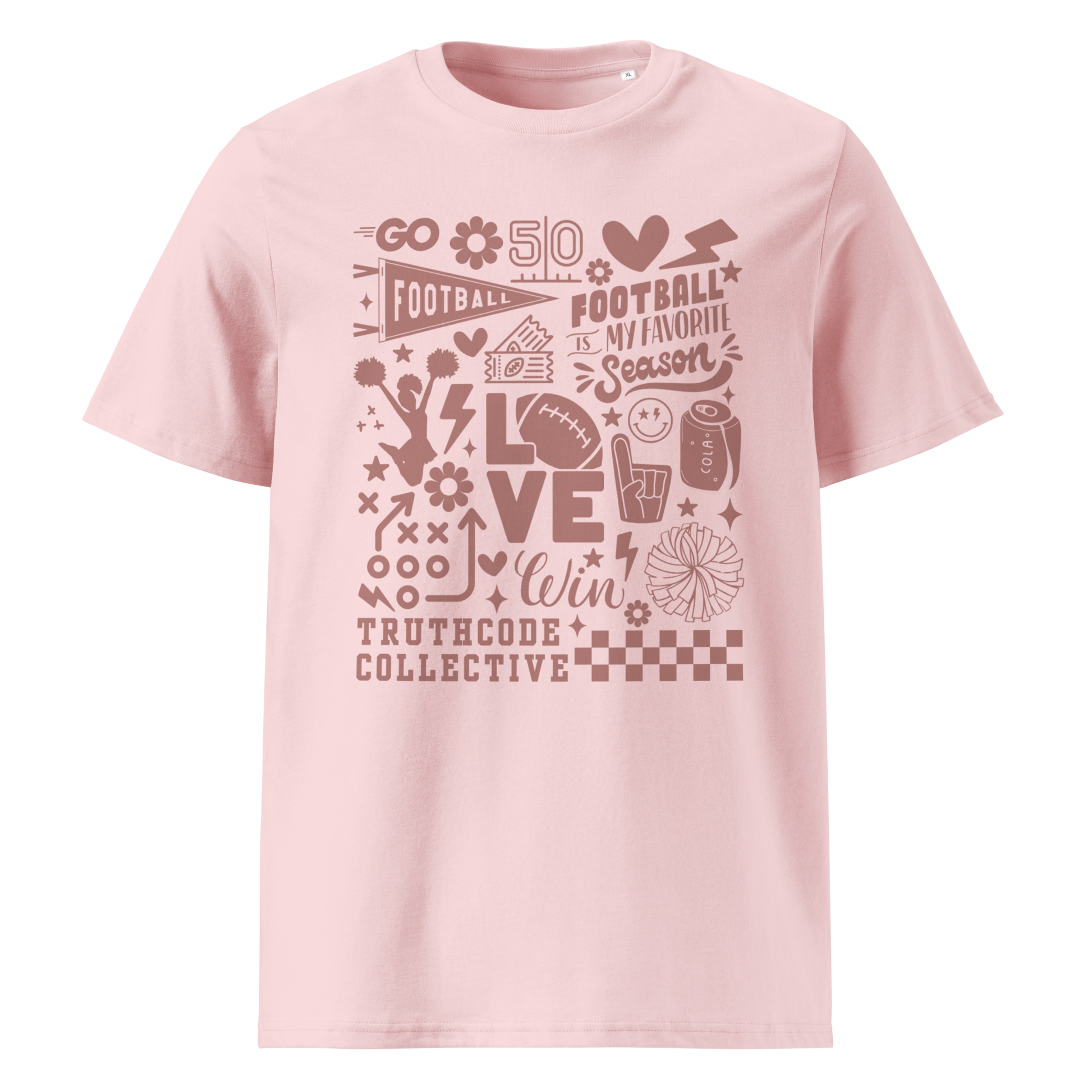 Pink organic t- shirt with football themed graphics and text 'Football is my favorite season' on a white background