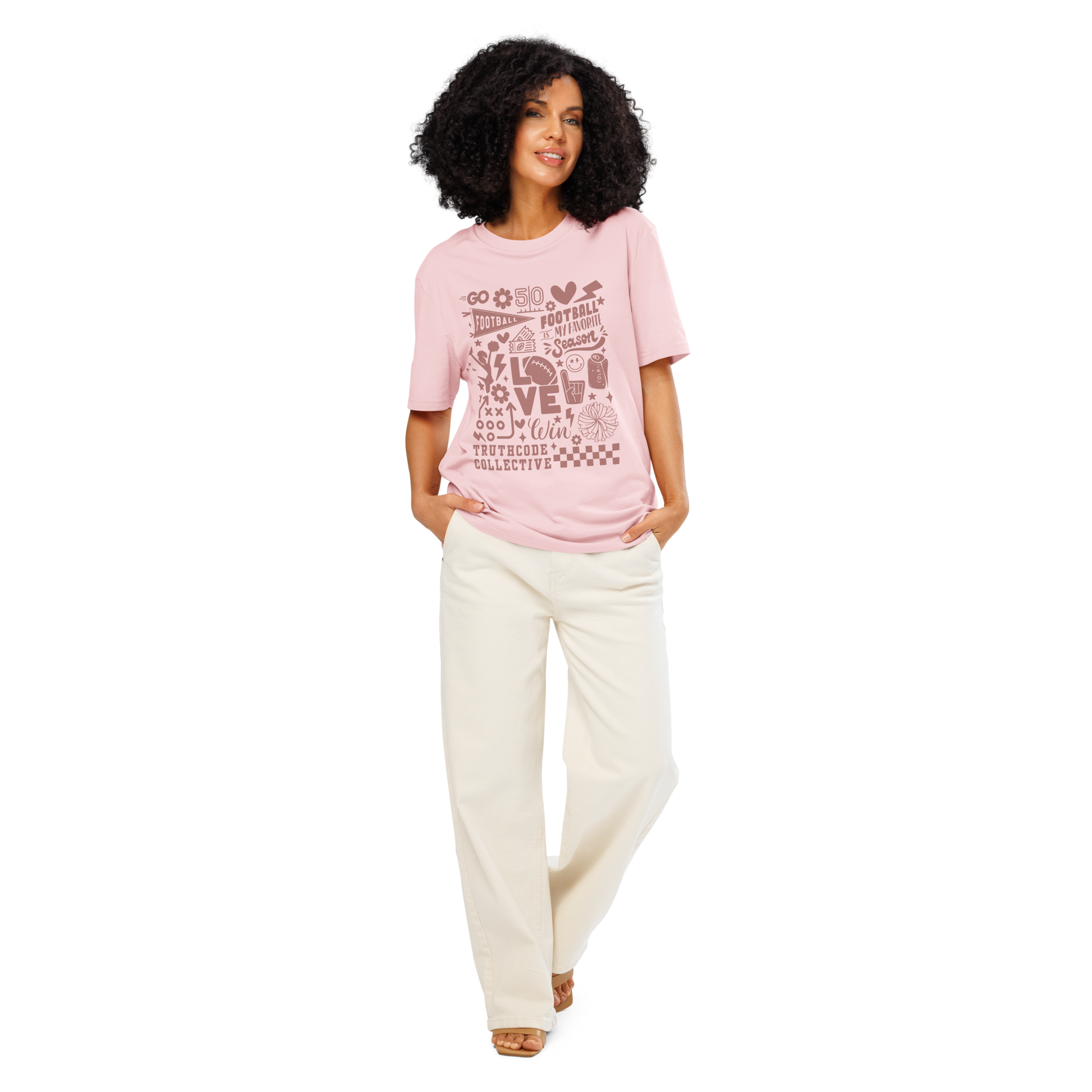 Woman wearing pink organic t- shirt with football themed graphics and text 'Football is my favorite season' on a white background