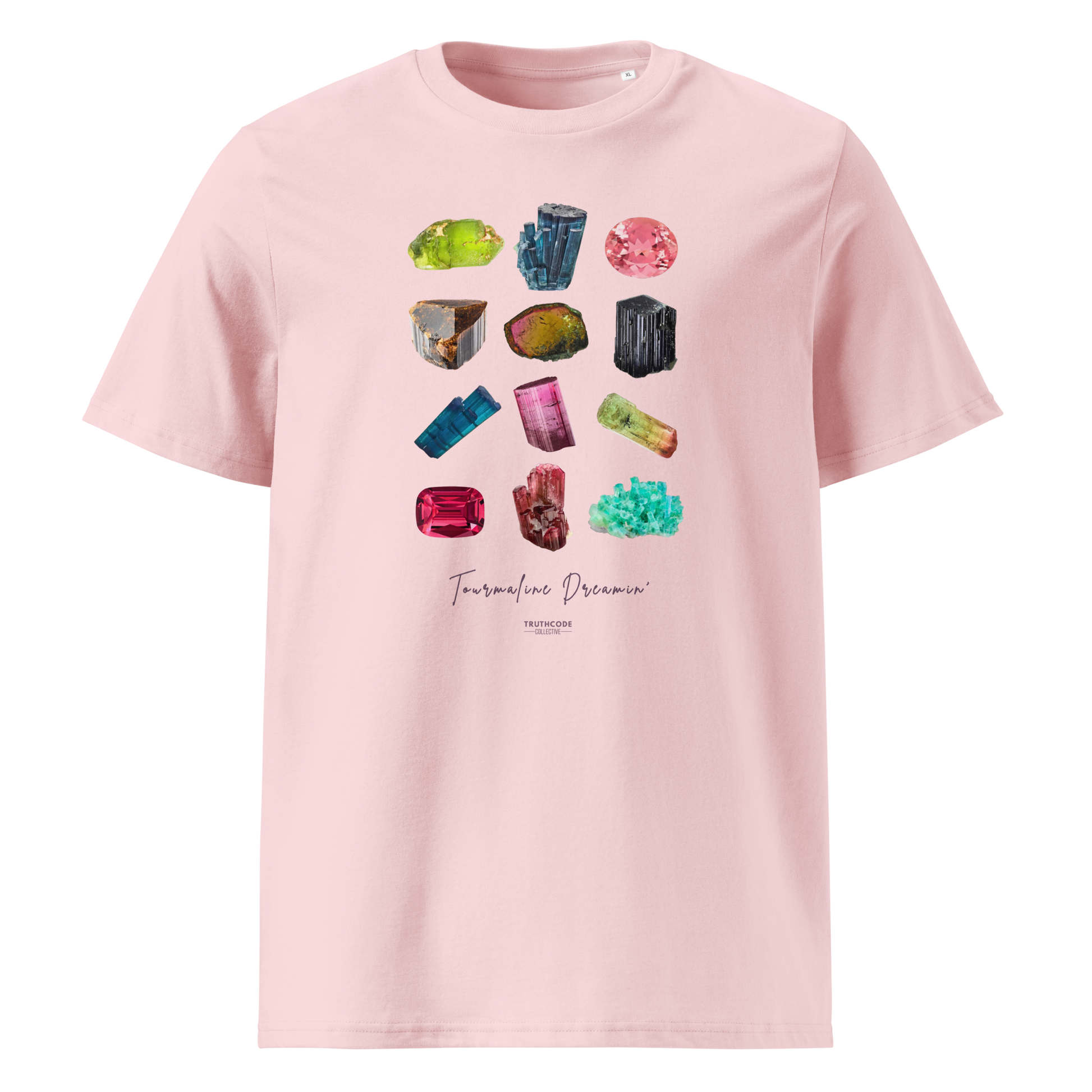 Pink organic t-shirt with gemstone graphic and text 'Tourmaline Dreamin'  on a white background