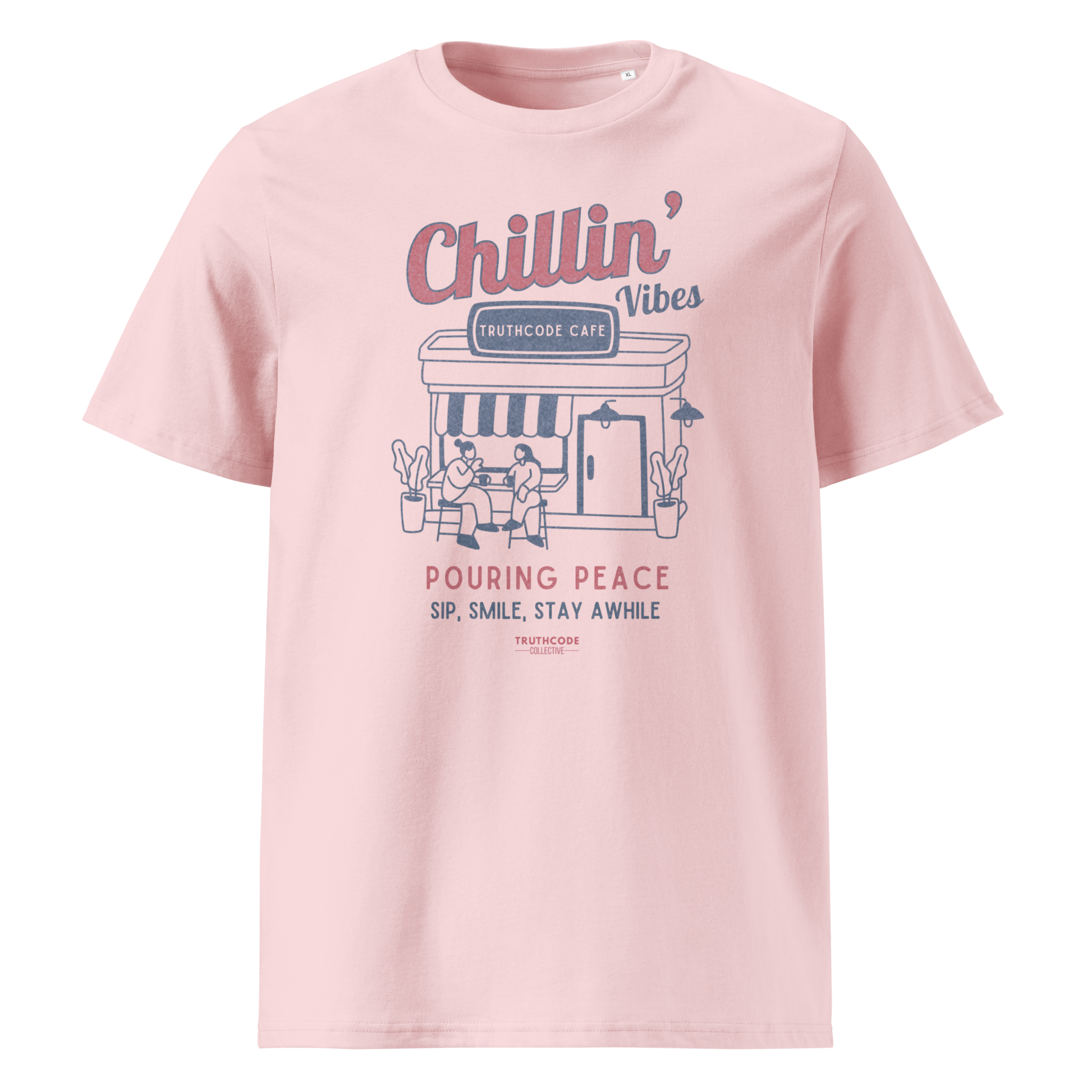 Pink organic t-shirt with 'Chillin' Vibes, TruthCode Cafe' and 'Pouring peace, sip, smile, stay a while' graphic design on a white background