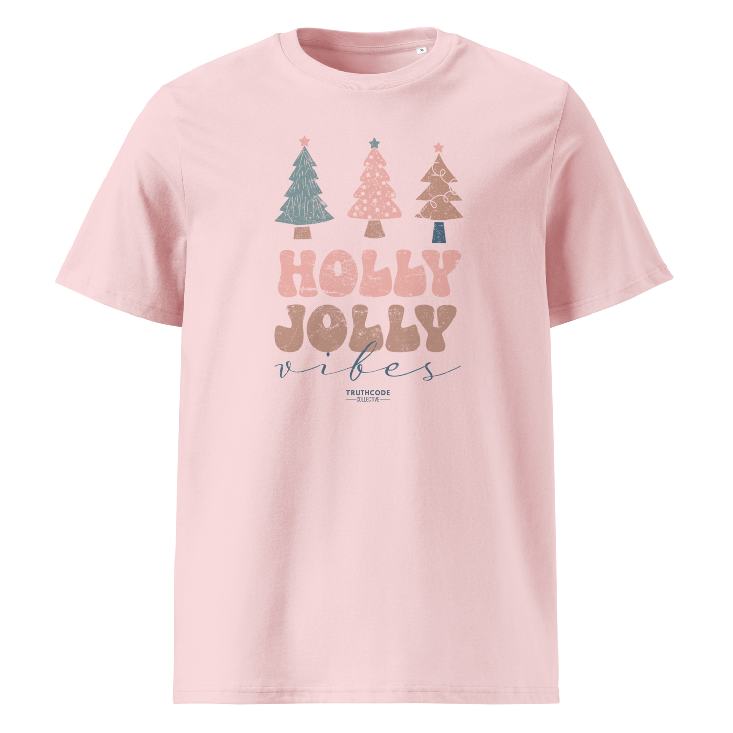 Pink organic t-shirt with Christmas tree design and 'Holly Jolly vibes' text on a white background