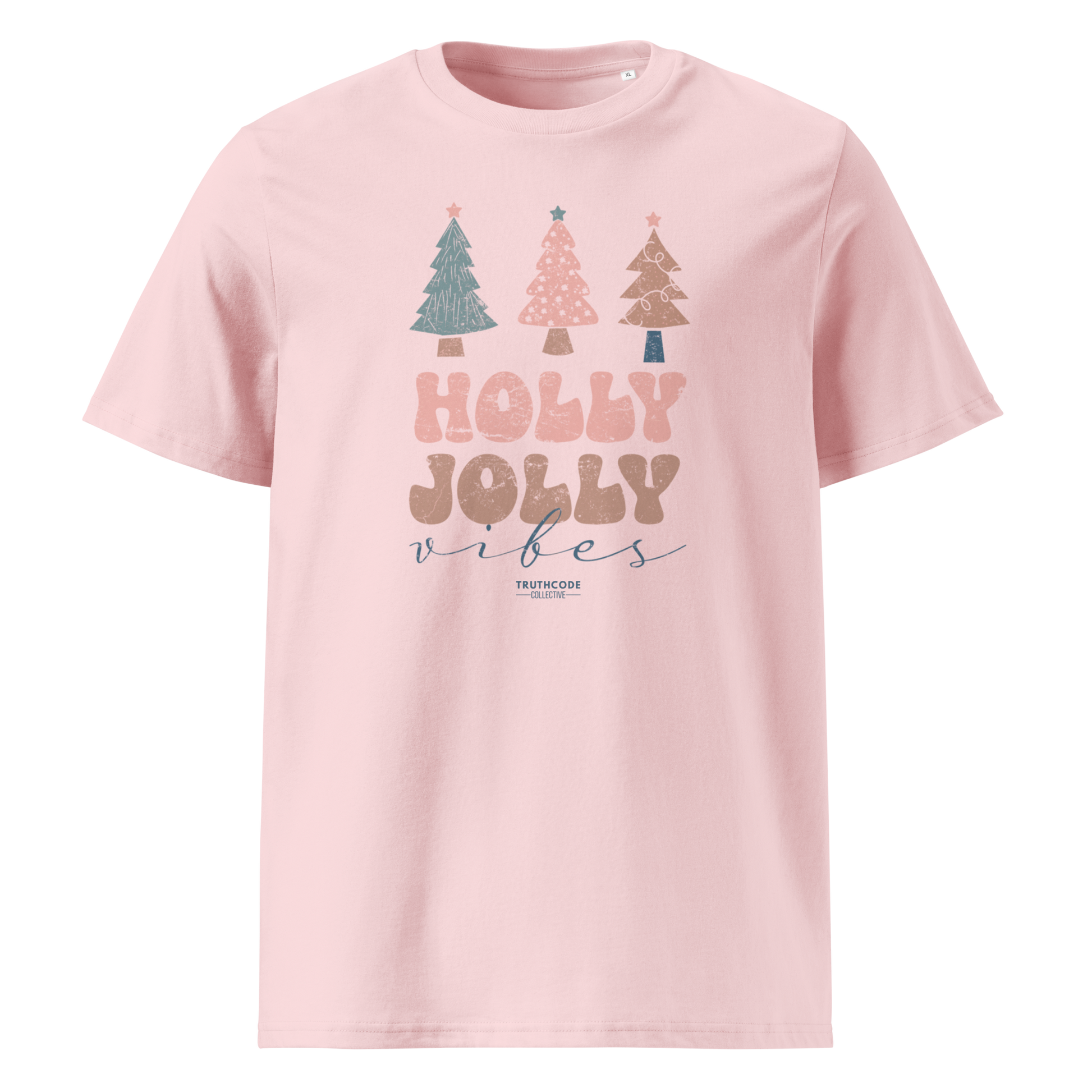 Pink organic t-shirt with Christmas tree design and 'Holly Jolly vibes' text on a white background
