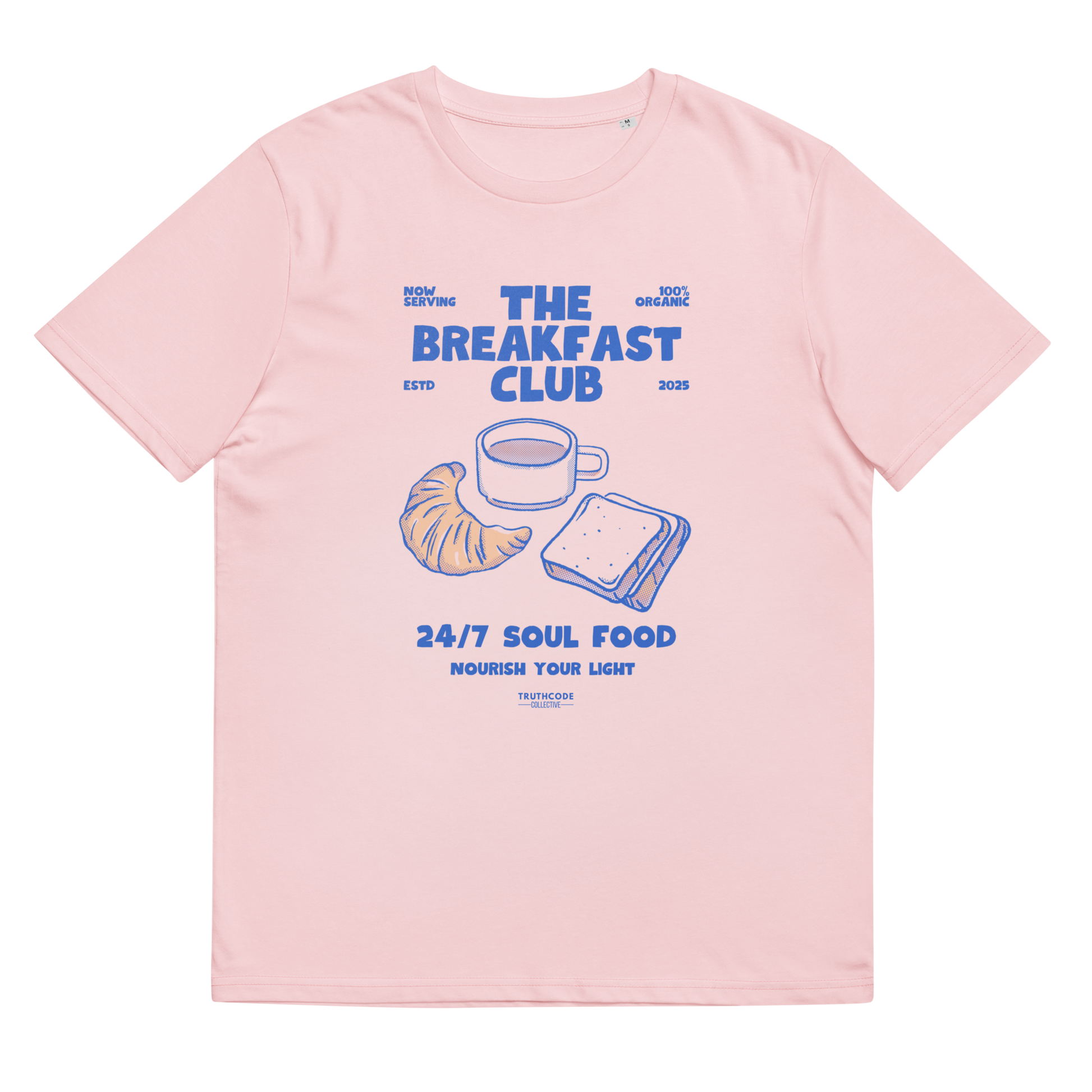 Pink organic t-shirt with 'The Breakfast Club' graphic design featuring a coffee cup, croissant, and sandwich.