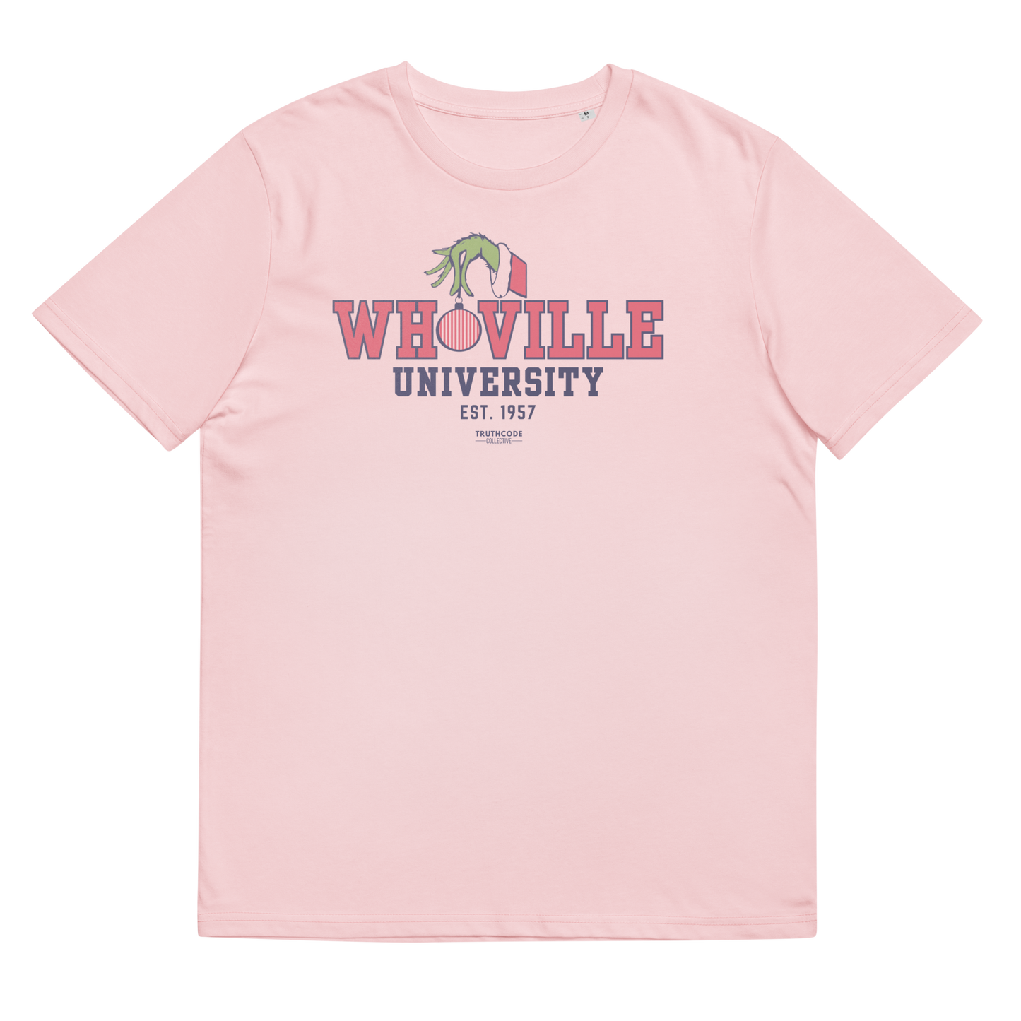 Pink t-shirt with 'Whoville University' text and graphic on a white background