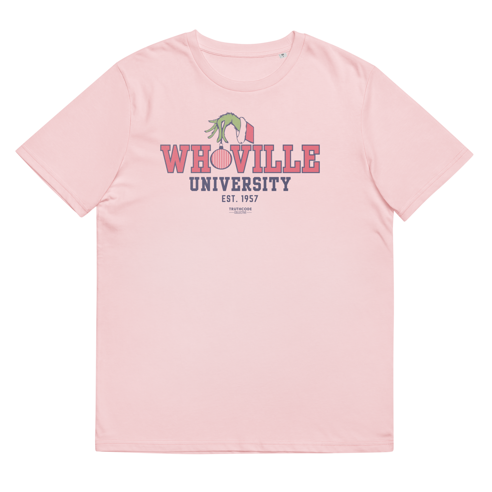 Pink t-shirt with 'Whoville University' text and graphic on a white background