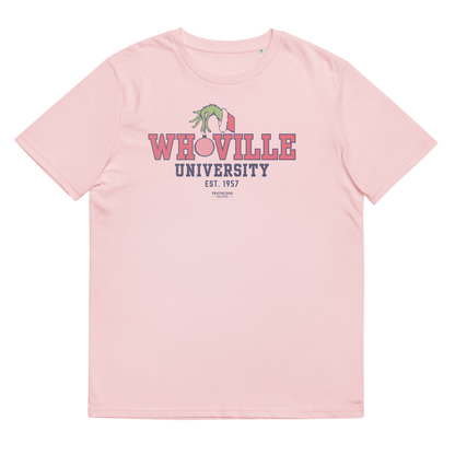 Pink t-shirt with 'Whoville University' text and graphic on a white background