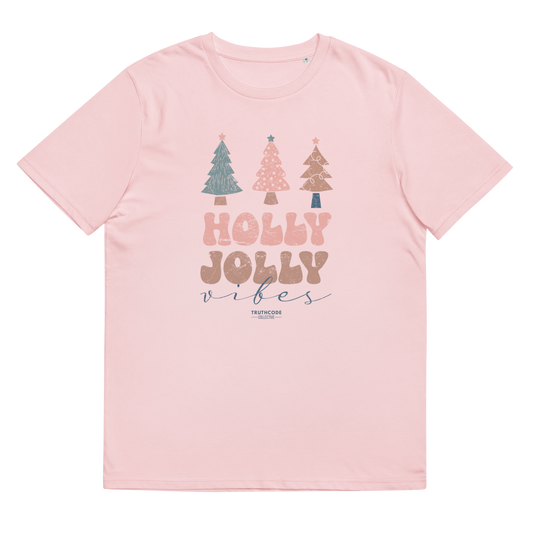 Pink t-shirt with Christmas tree design and 'Holly Jolly Vibes' text on a white background