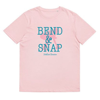 Pink organic t-shirt with 'Bend & Snap' text and football center graphic design, shirt is on a white background