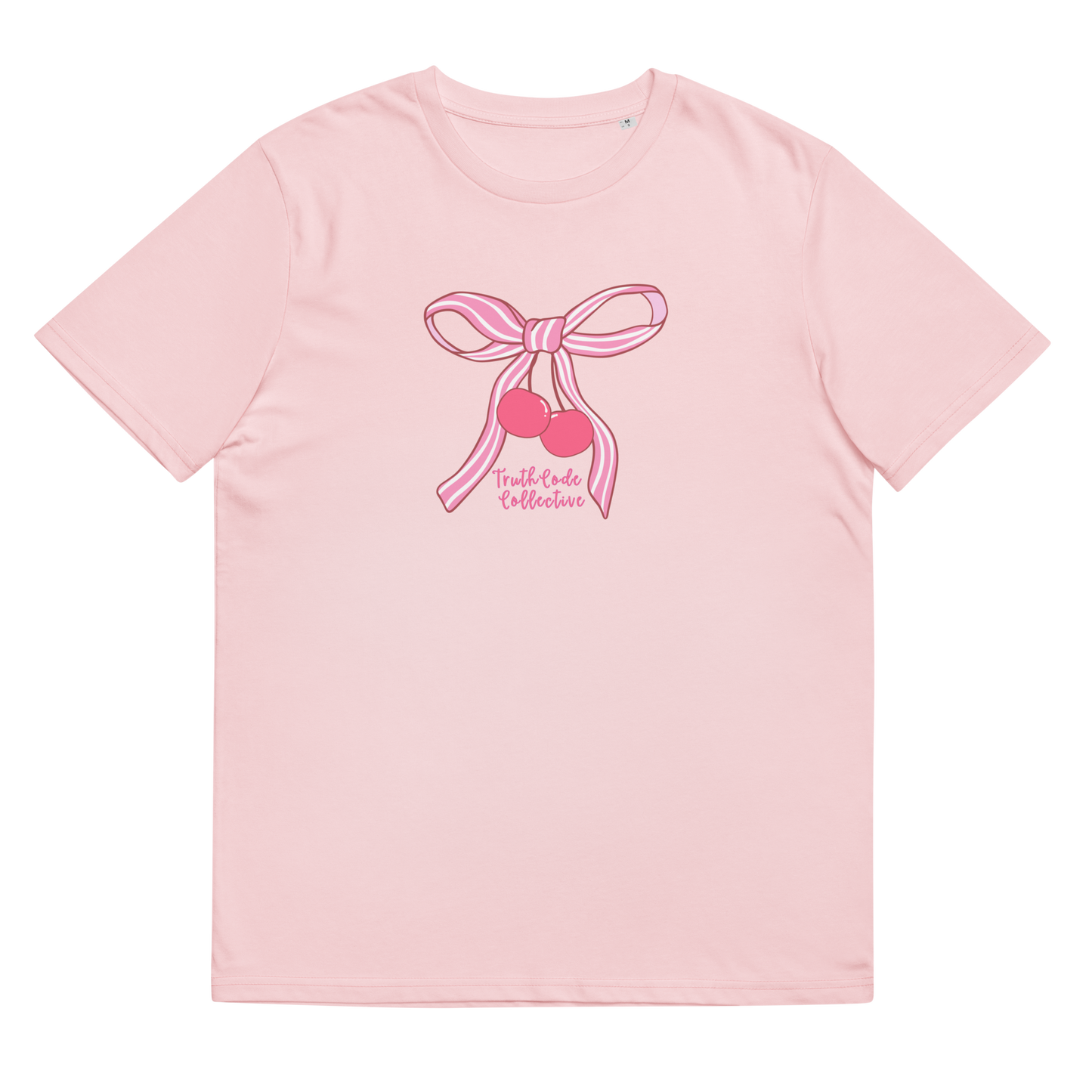 Pink organic t-shirt with pink bow and cherry design on a white background