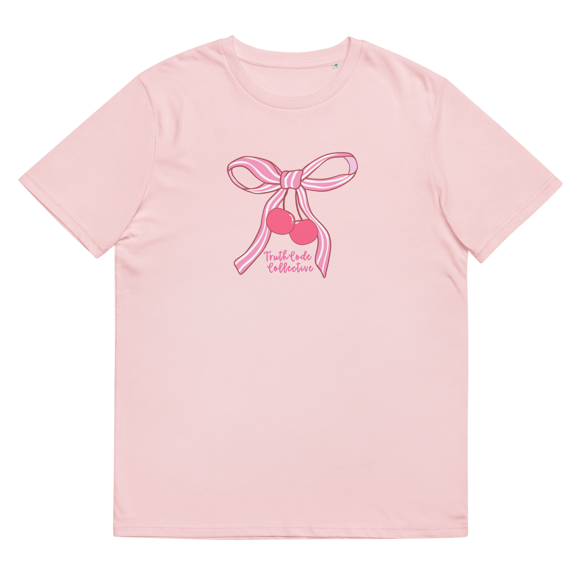 Pink organic t-shirt with pink bow and cherry design on a white background