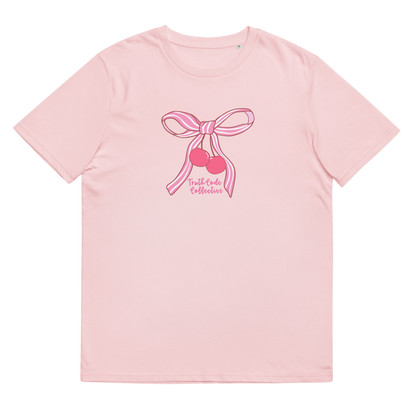 Pink organic t-shirt with pink bow and cherry design on a white background
