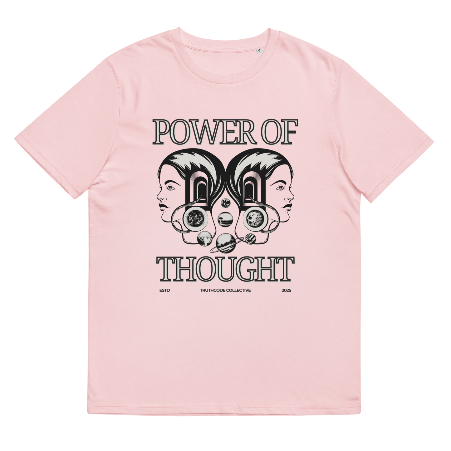 Pink organic t-shirt with 'Power of Thought' text and graphic design, shirt on a white background