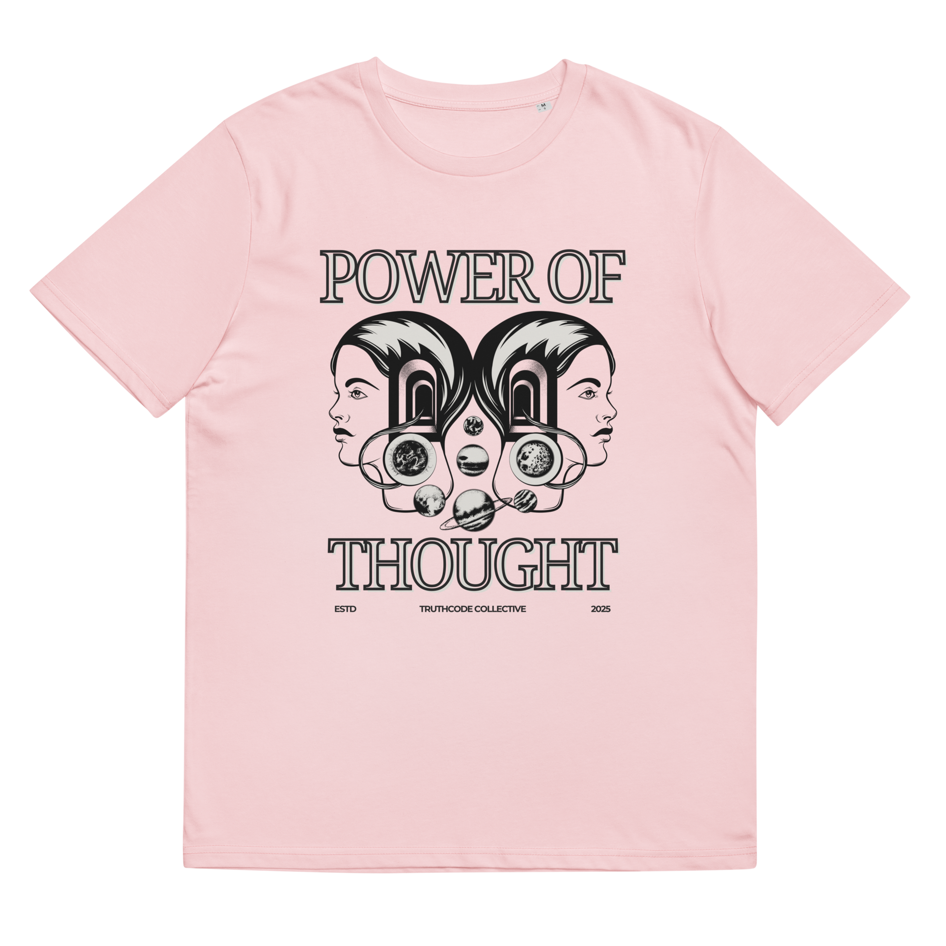 Pink organic t-shirt with 'Power of Thought' text and graphic design, shirt on a white background