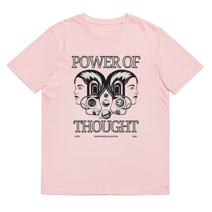 Pink organic t-shirt with 'Power of Thought' text and graphic design, shirt on a white background