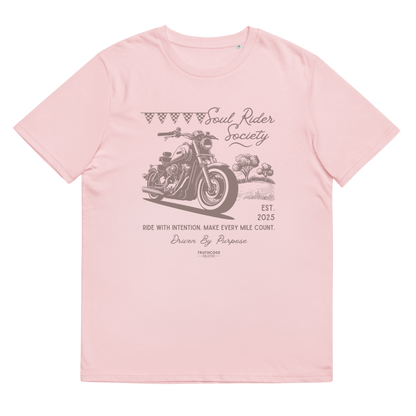 Pink organic t-shirt with motorcycle graphic and text 'Soul rider society, ride with intention, make every mile count' on a white background