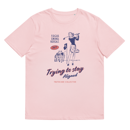 Pink organic t-shirt with vintage style graphic design of a golfer and text 'Trying to stay aligned' on a white background
