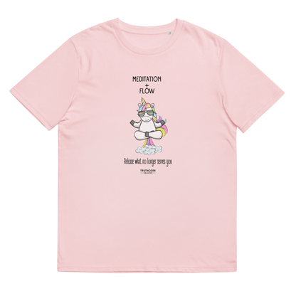 Pink organic t-shirt with a unicorn farting a rainbow graphic and text 'Meditation + Flow, release what no longer serves you' on a white background