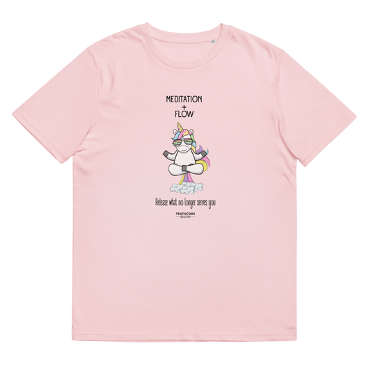 Pink organic t-shirt with a unicorn farting a rainbow graphic and text 'Meditation + Flow, release what no longer serves you' on a white background