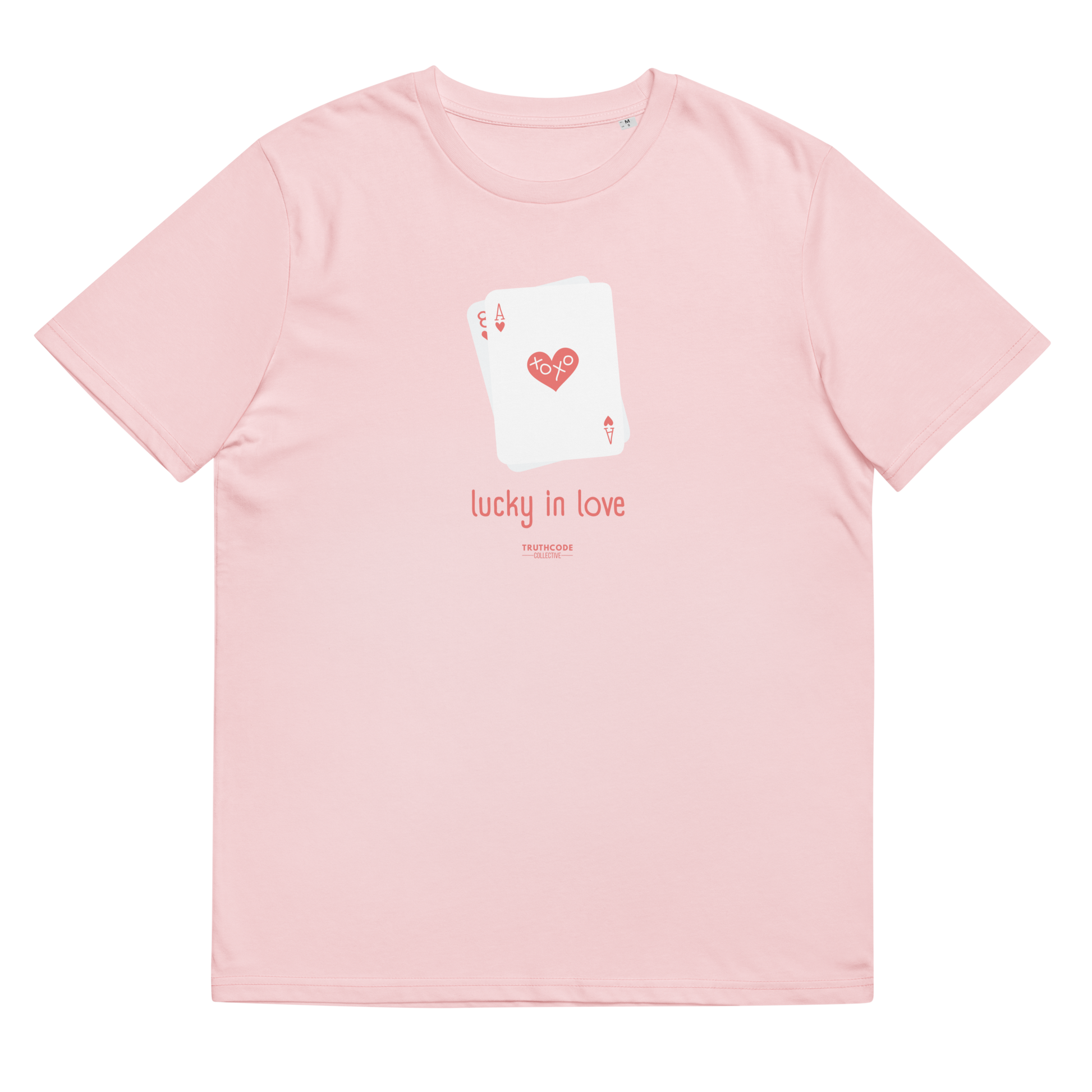 Pink organic t-shirt with a graphic of playing cards and 'lucky in love' text on a white background