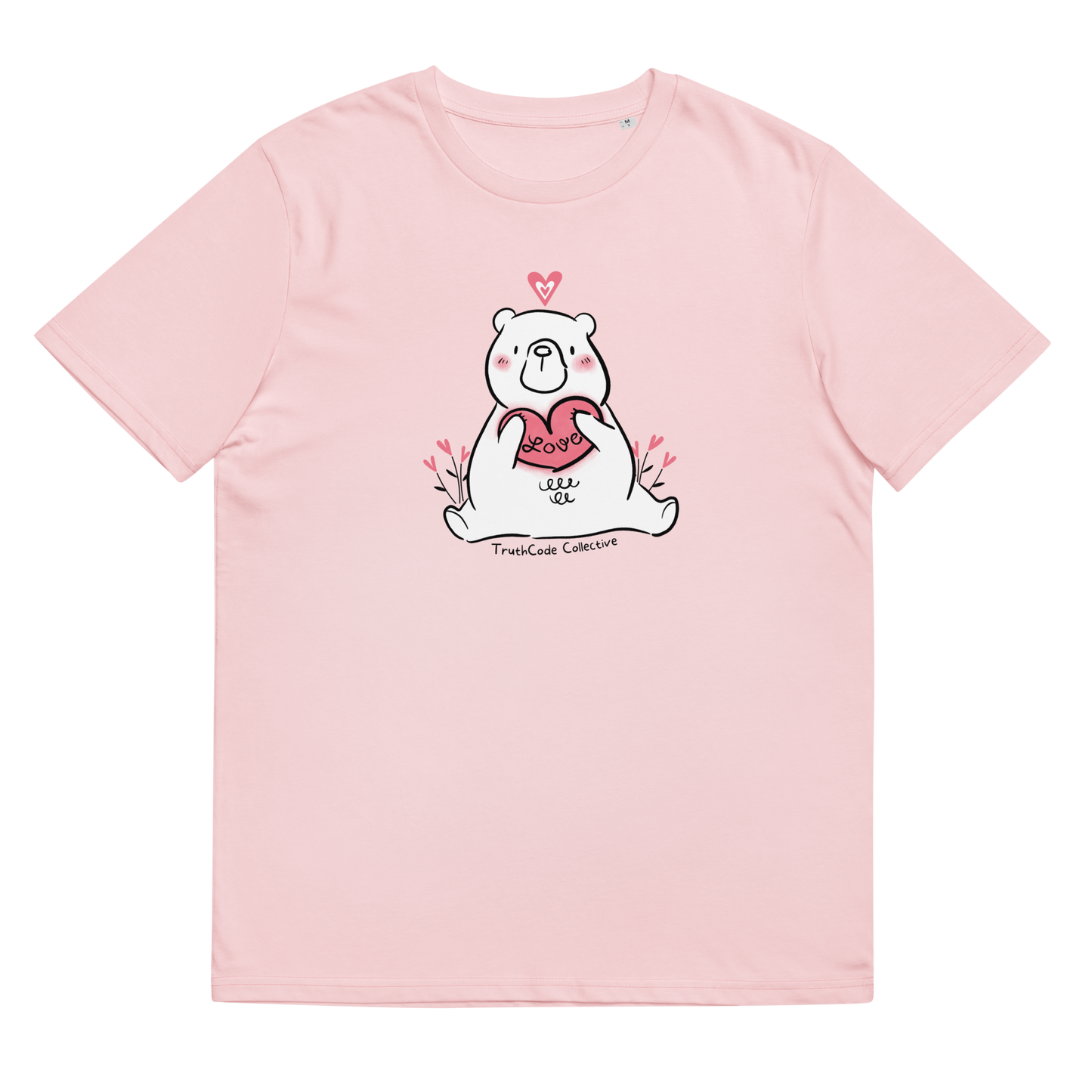 Pink organic t-shirt with a bear holding a heart graphic and 'Love' text on a white background