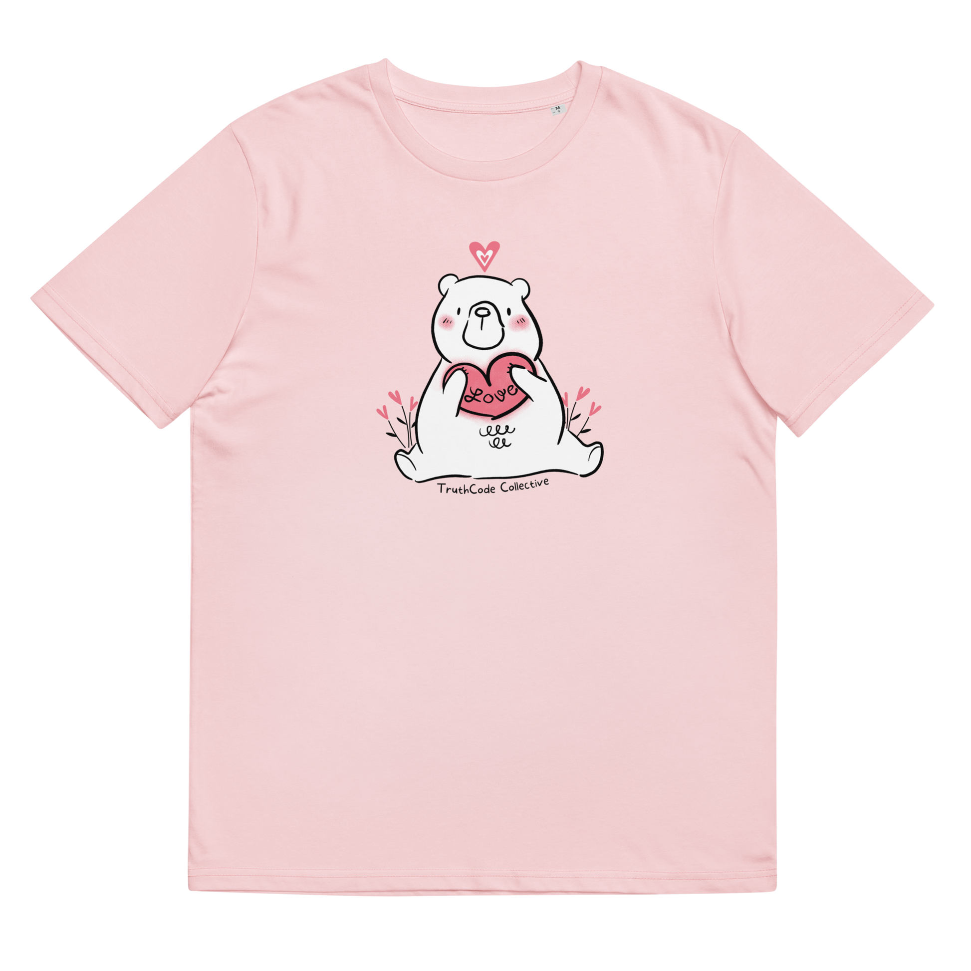 Pink organic t-shirt with a bear holding a heart graphic and 'Love' text on a white background