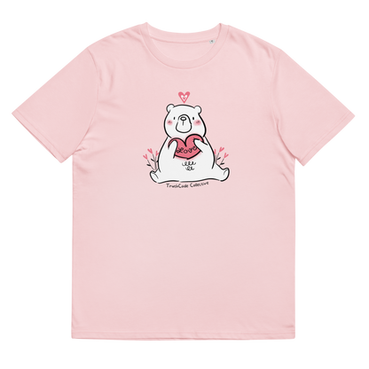 Pink organic t-shirt with a bear holding a heart graphic and 'Love' text on a white background