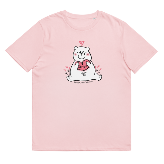 Pink organic t-shirt with a bear holding a heart graphic and 'Love' text on a white background